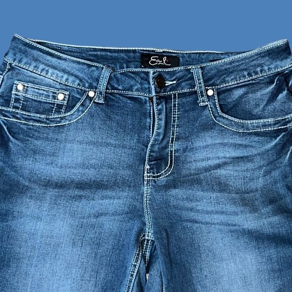 Earl Slim Bootcut Stretch Dark Wash Pocket Flap Embroidered Bedazzled Jeans 10 - Picture 5 of 5